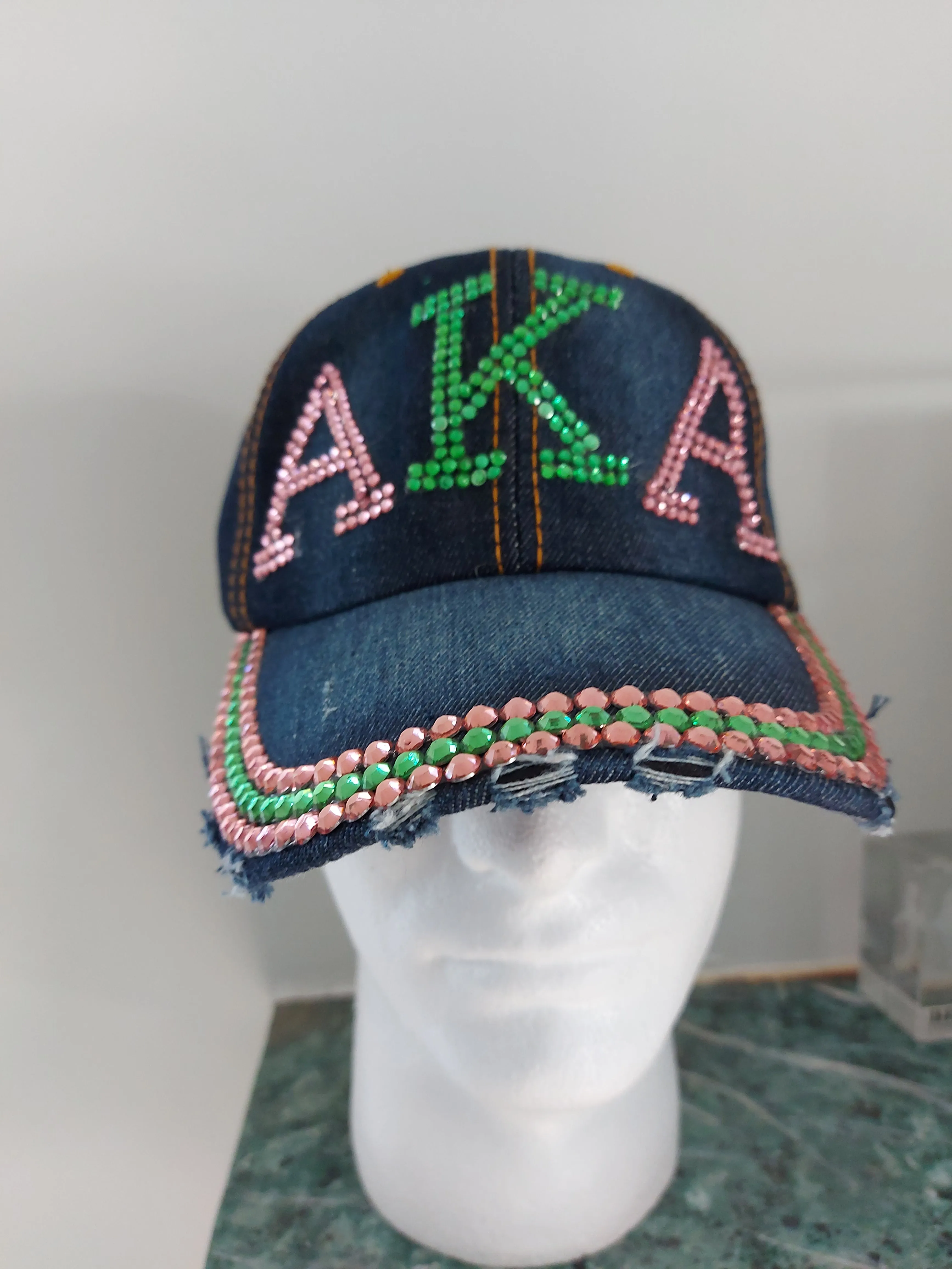 AKA Distressed Denim Bling Cap