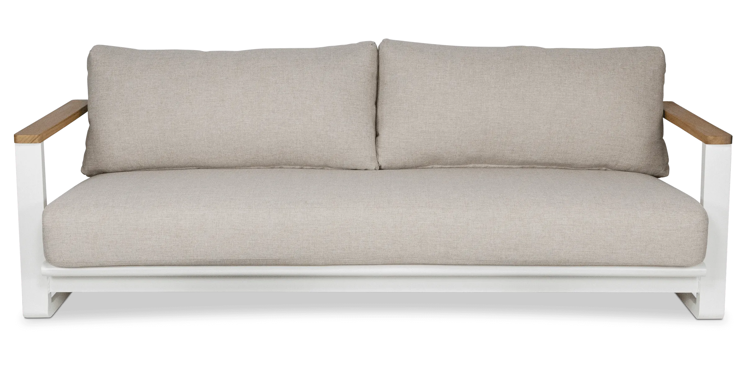 Aruba 3 Seater with Synthetic Leather Inset, Teak Arms, Stone Olefin Cushions and Aluminium Frame