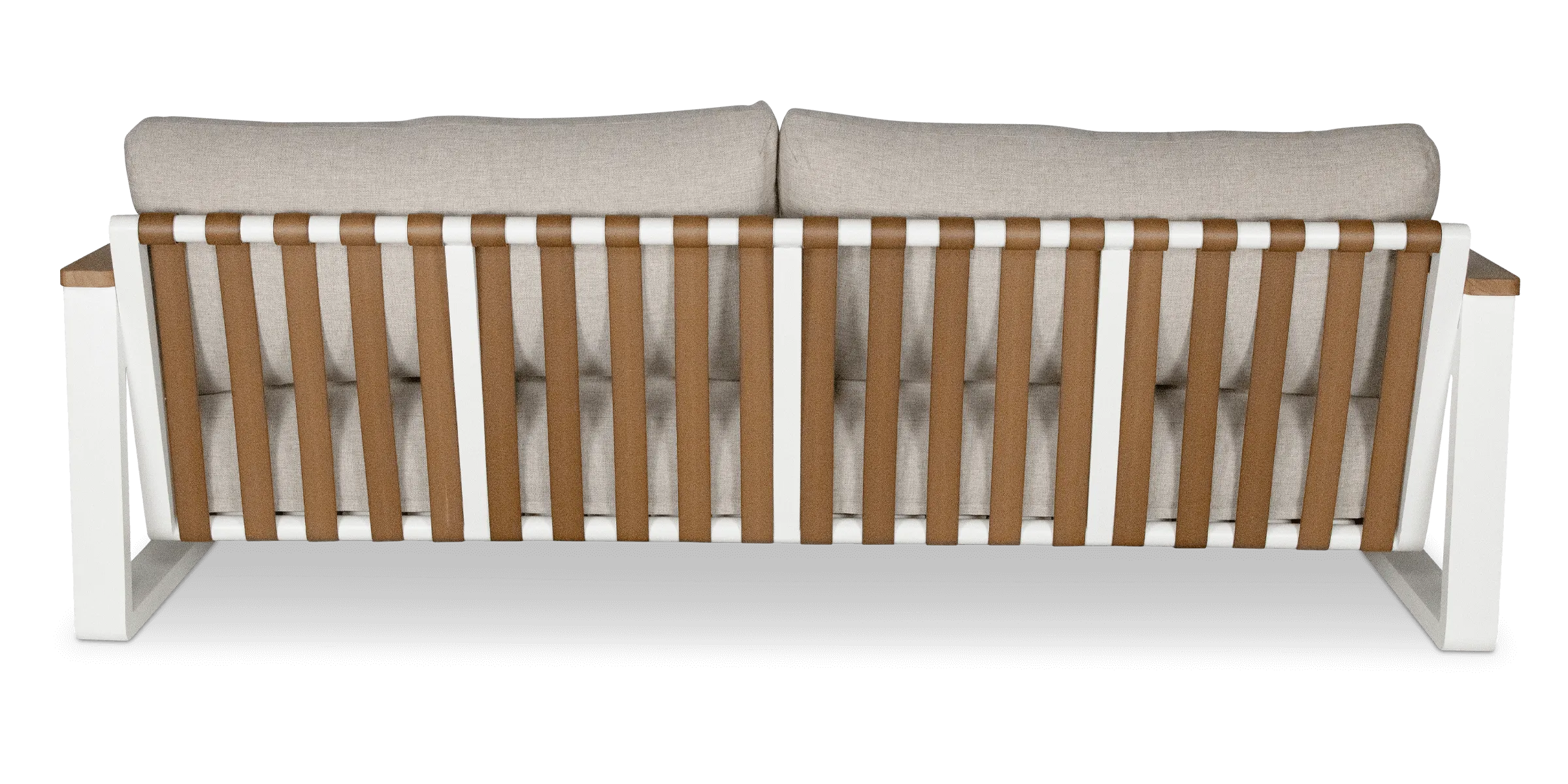 Aruba 3 Seater with Synthetic Leather Inset, Teak Arms, Stone Olefin Cushions and Aluminium Frame