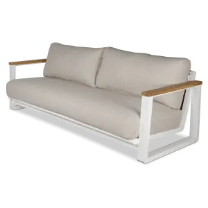 Aruba 3 Seater with Synthetic Leather Inset, Teak Arms, Stone Olefin Cushions and Aluminium Frame