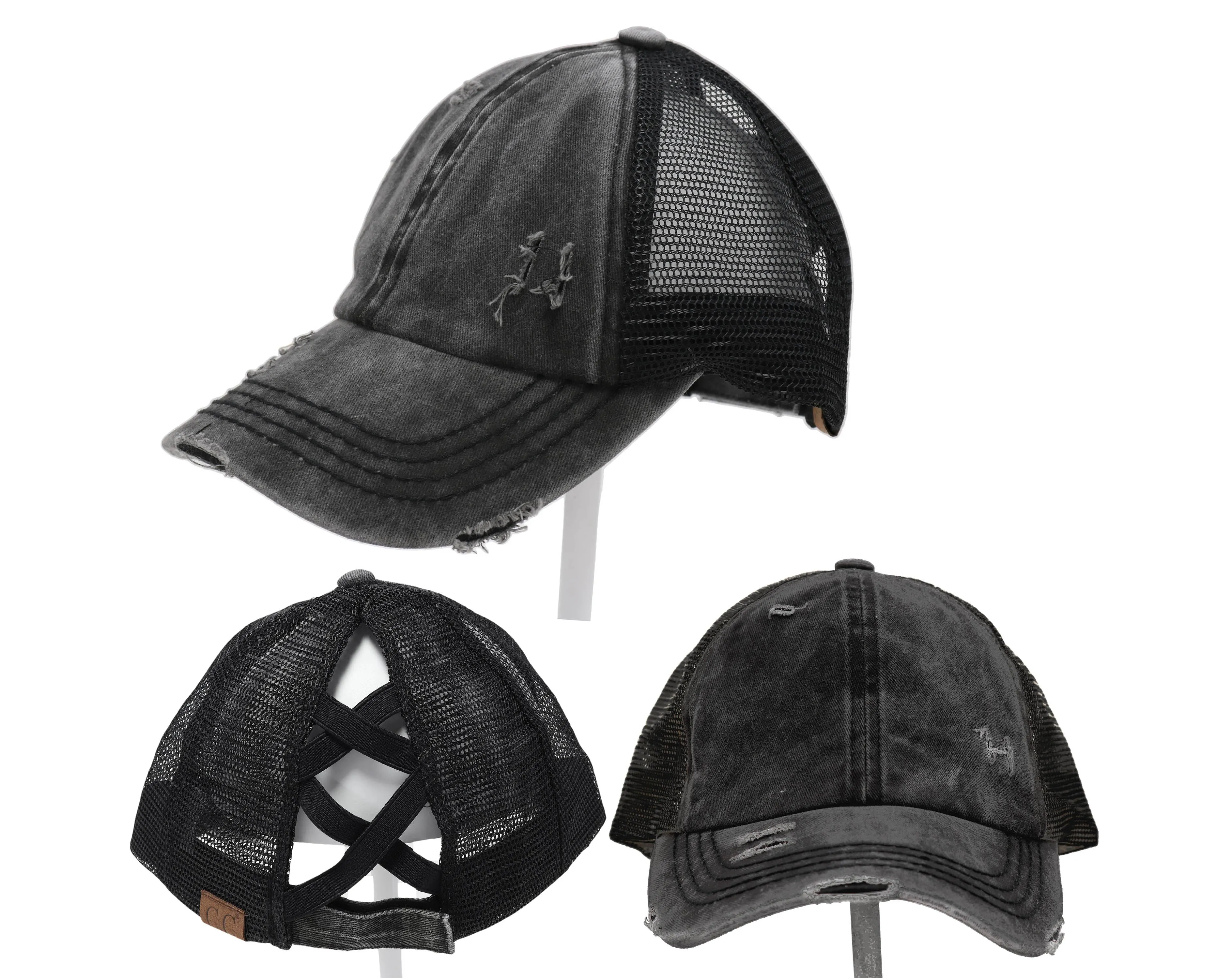 Authentic Black/Black CC Beanie CrissCross High Ponytail Trucker Hat Distressed Wash Denim