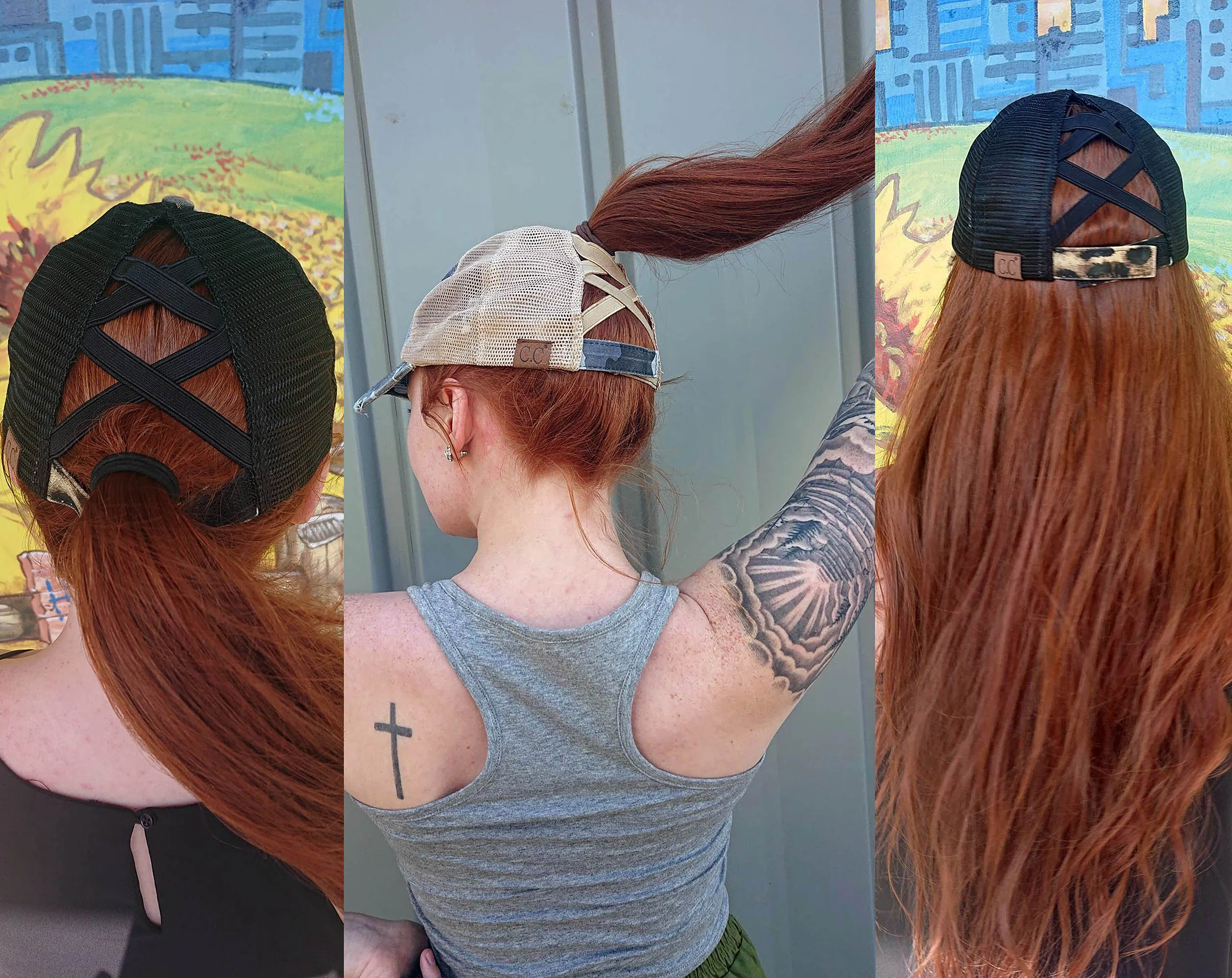 Authentic Black/Black CC Beanie CrissCross High Ponytail Trucker Hat Distressed Wash Denim