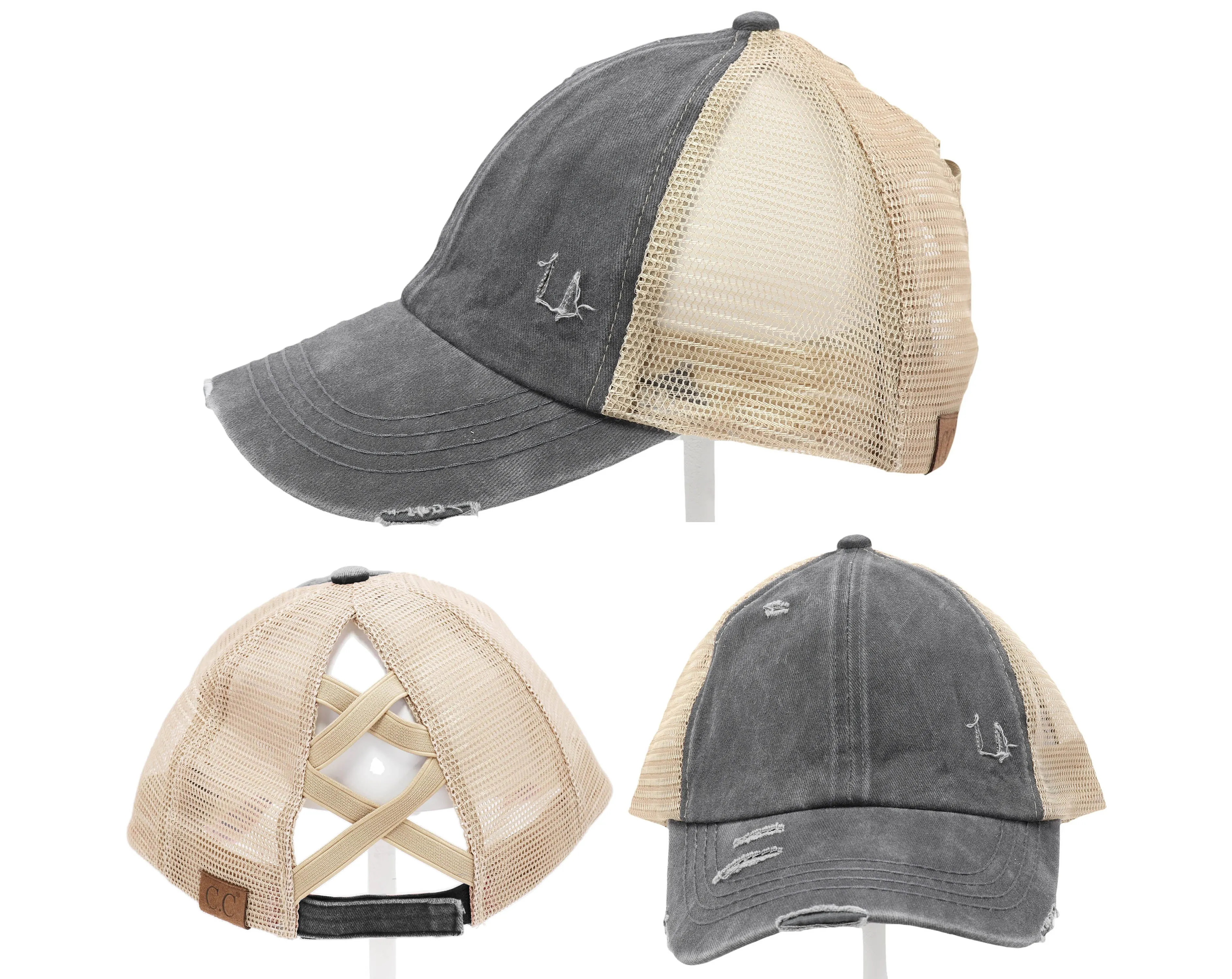 Authentic Charcoal Gray CC Beanie CrissCross High Ponytail Trucker Hat Distressed Wash Denim