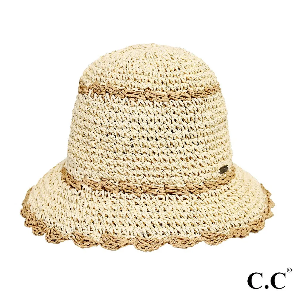 C.C. Paper Straw Hand Crochet Clothe Bucket Hat With Scallop Edge Details