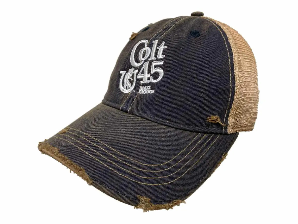 Colt 45 Malt Liquor Retro Brand Denim Washed Distressed Mesh Snapback Hat Cap