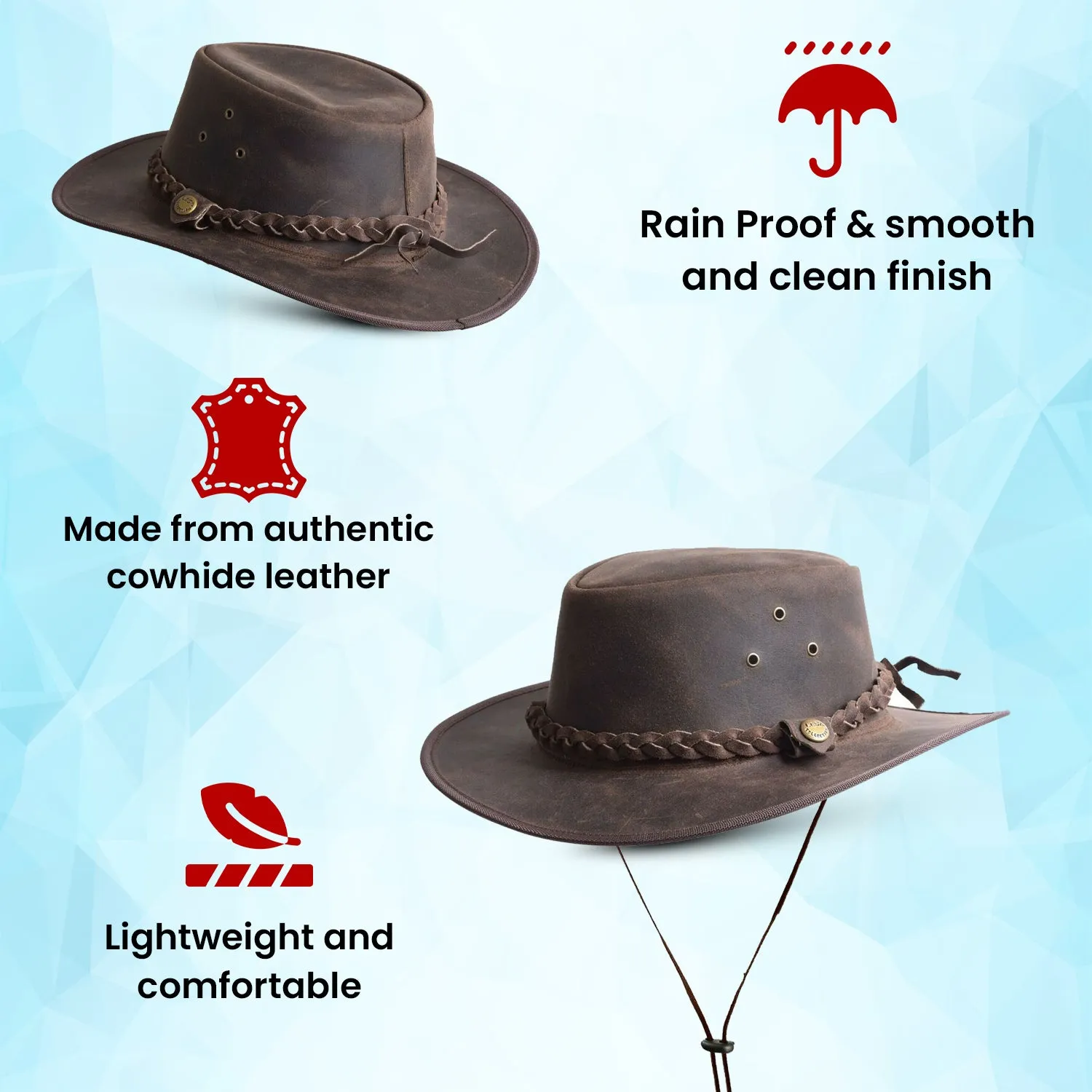 Crazy Leather Cowboy Outback  pull-up waxy finish Vintage Brown hat Handcrafted