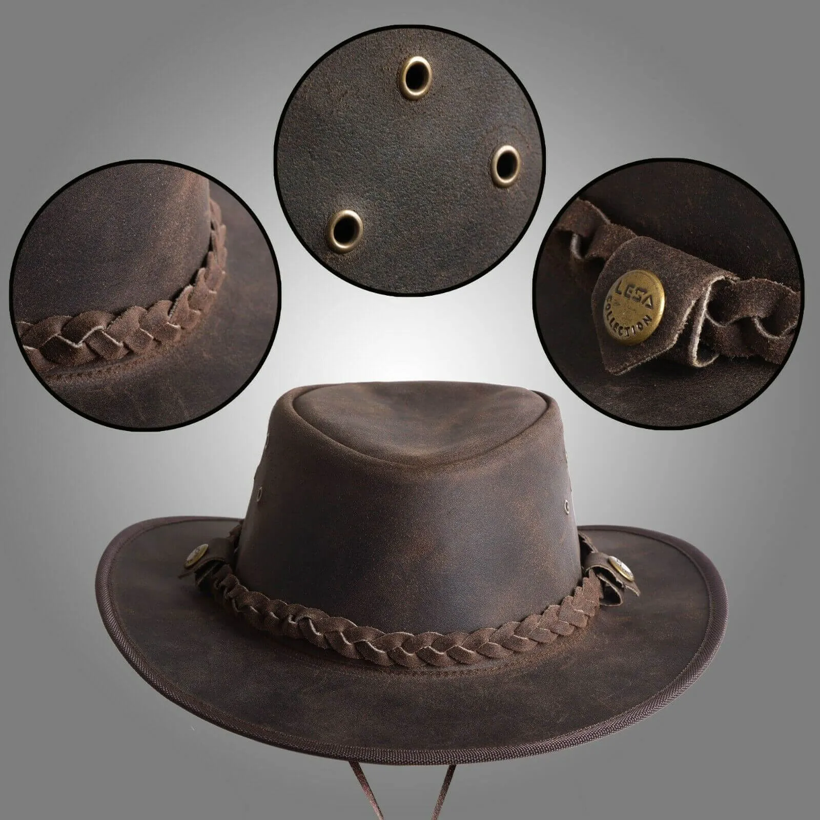 Crazy Leather Cowboy Outback  pull-up waxy finish Vintage Brown hat Handcrafted