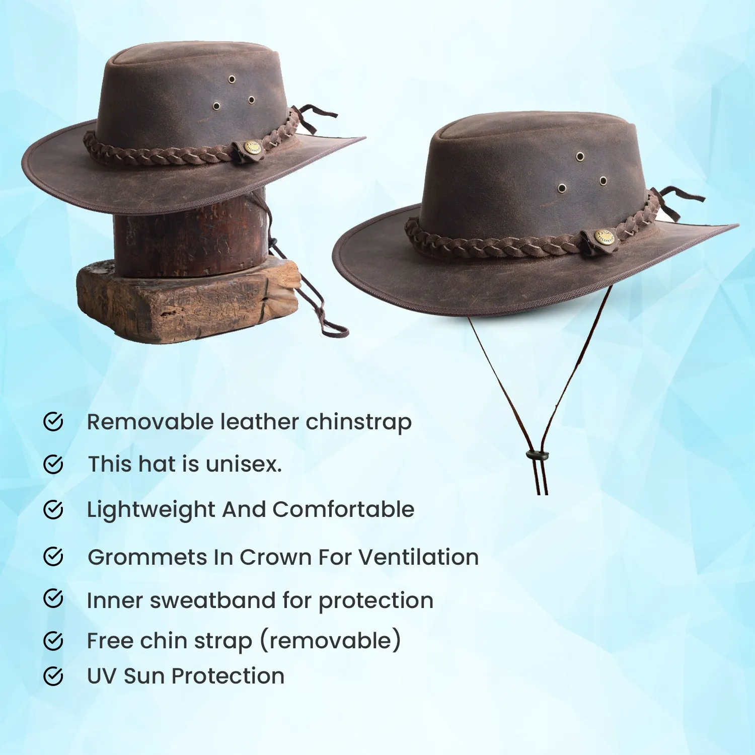 Crazy Leather Cowboy Outback  pull-up waxy finish Vintage Brown hat Handcrafted