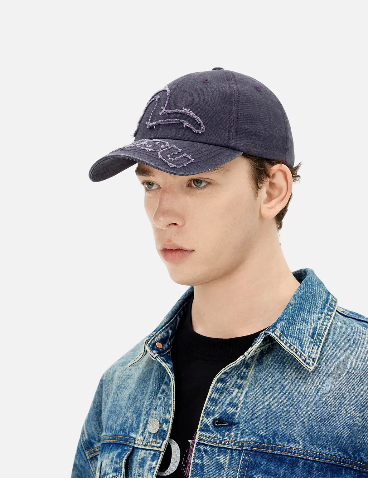 Distressed Seagull and Logo Embroidery Denim Cap