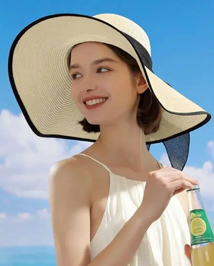 Elegant Sun Wide Brim Straw Hat with Black Trim