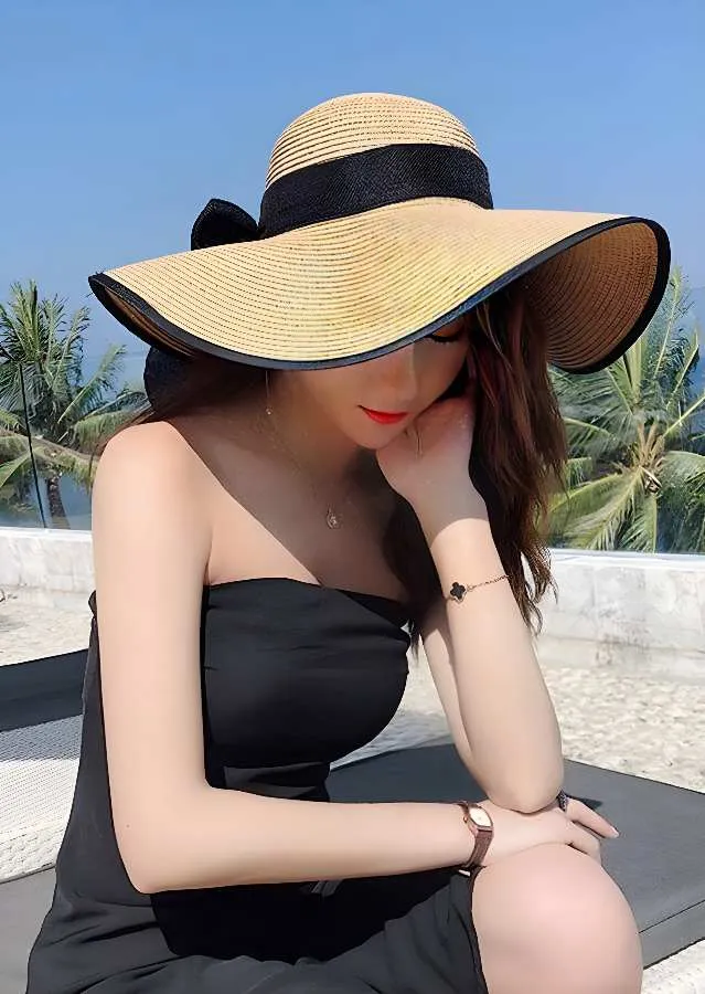Elegant Sun Wide Brim Straw Hat with Black Trim