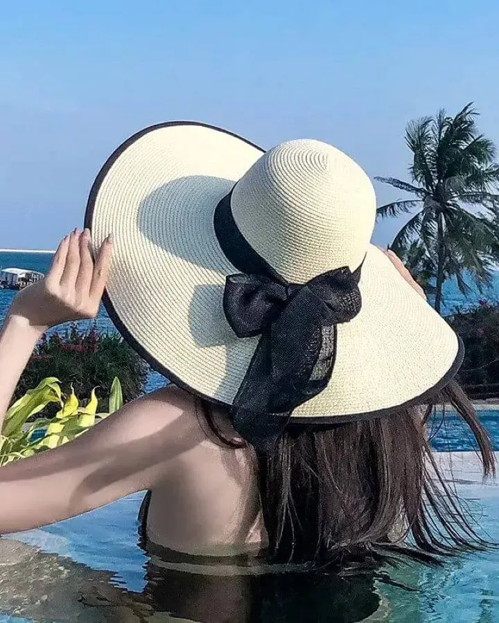 Elegant Sun Wide Brim Straw Hat with Black Trim