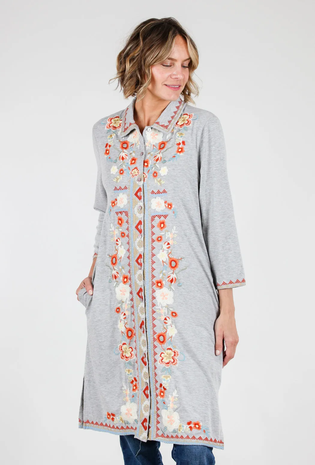 Embroidered Jersey Shirtdress, Gray
