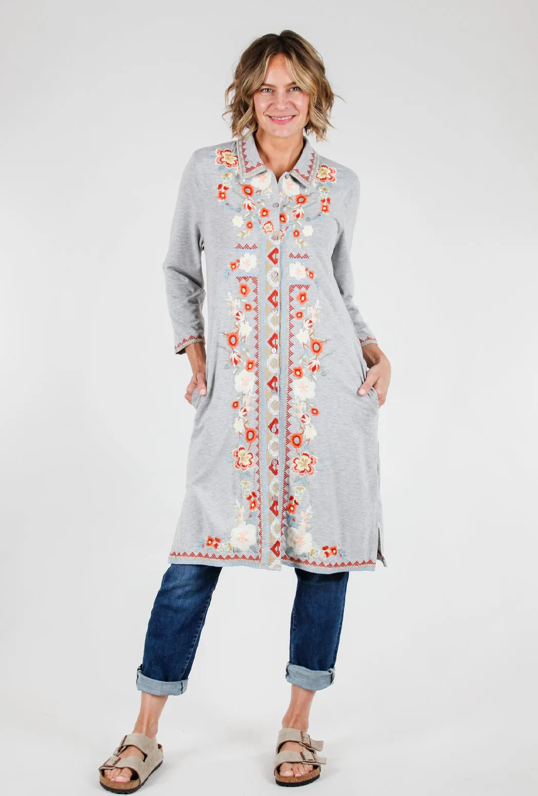 Embroidered Jersey Shirtdress, Gray