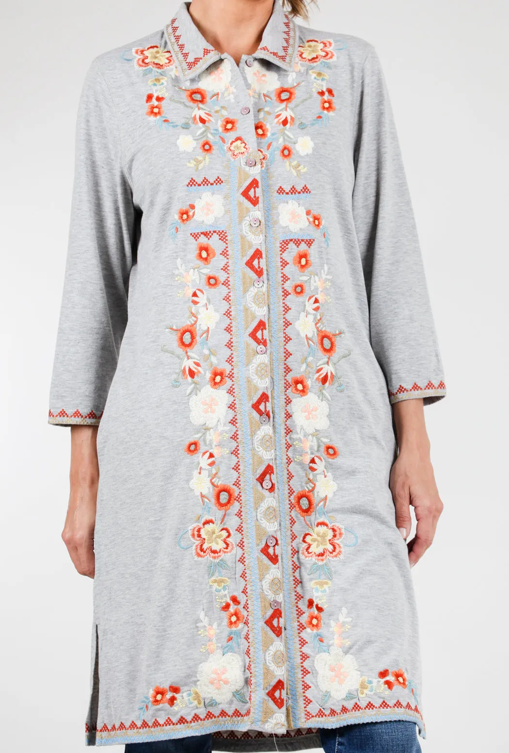 Embroidered Jersey Shirtdress, Gray