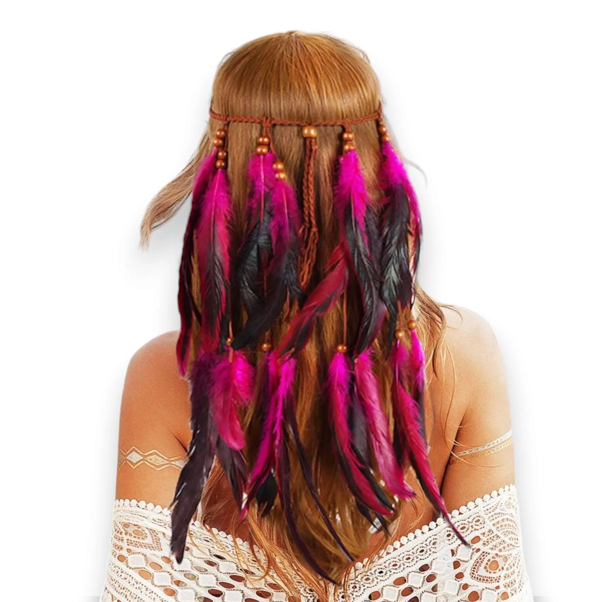 Feather Leather Beaded Long Headband