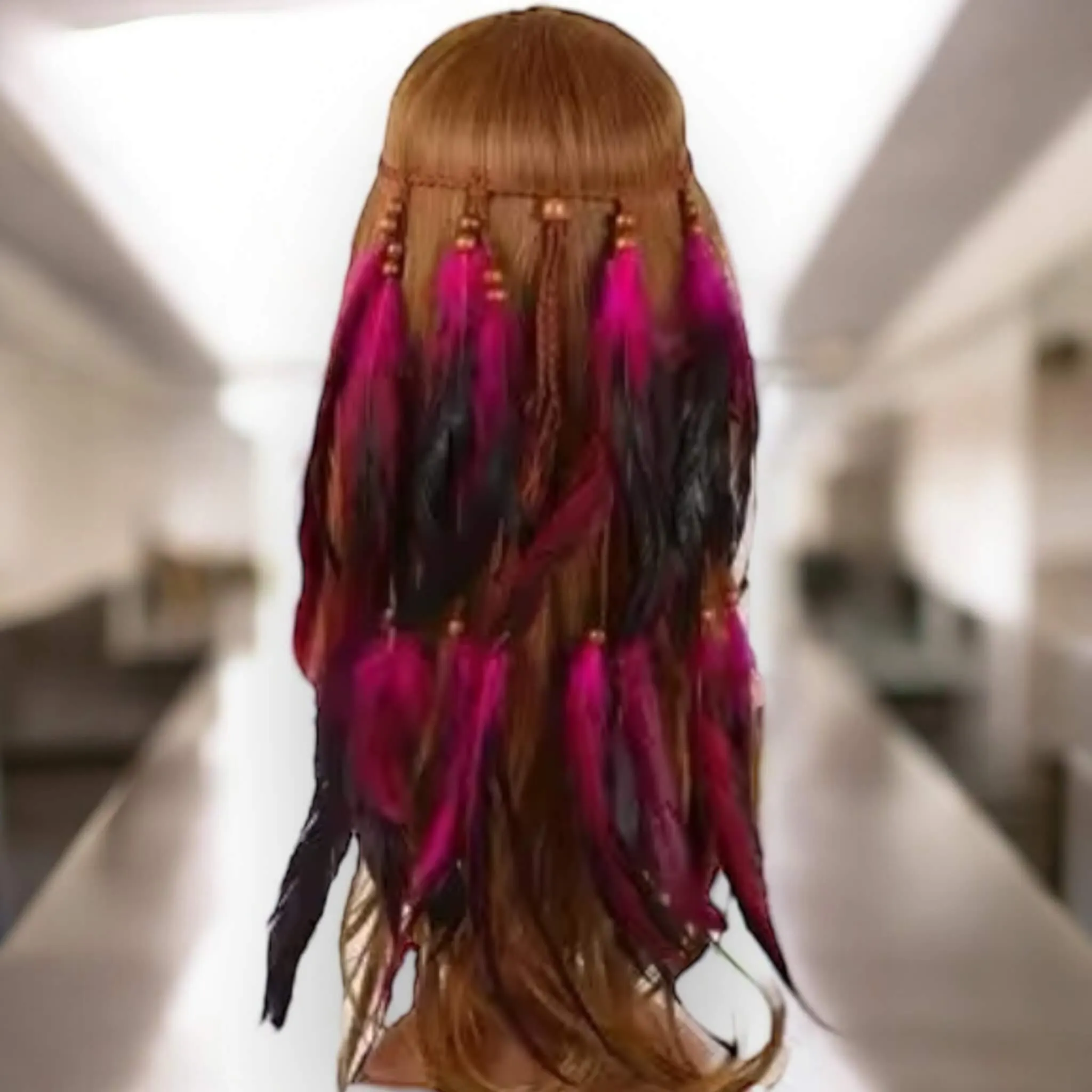 Feather Leather Beaded Long Headband