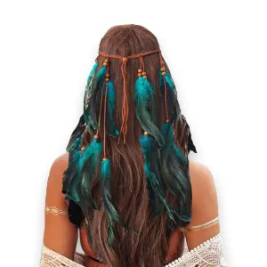 Feather Leather Beaded Long Headband