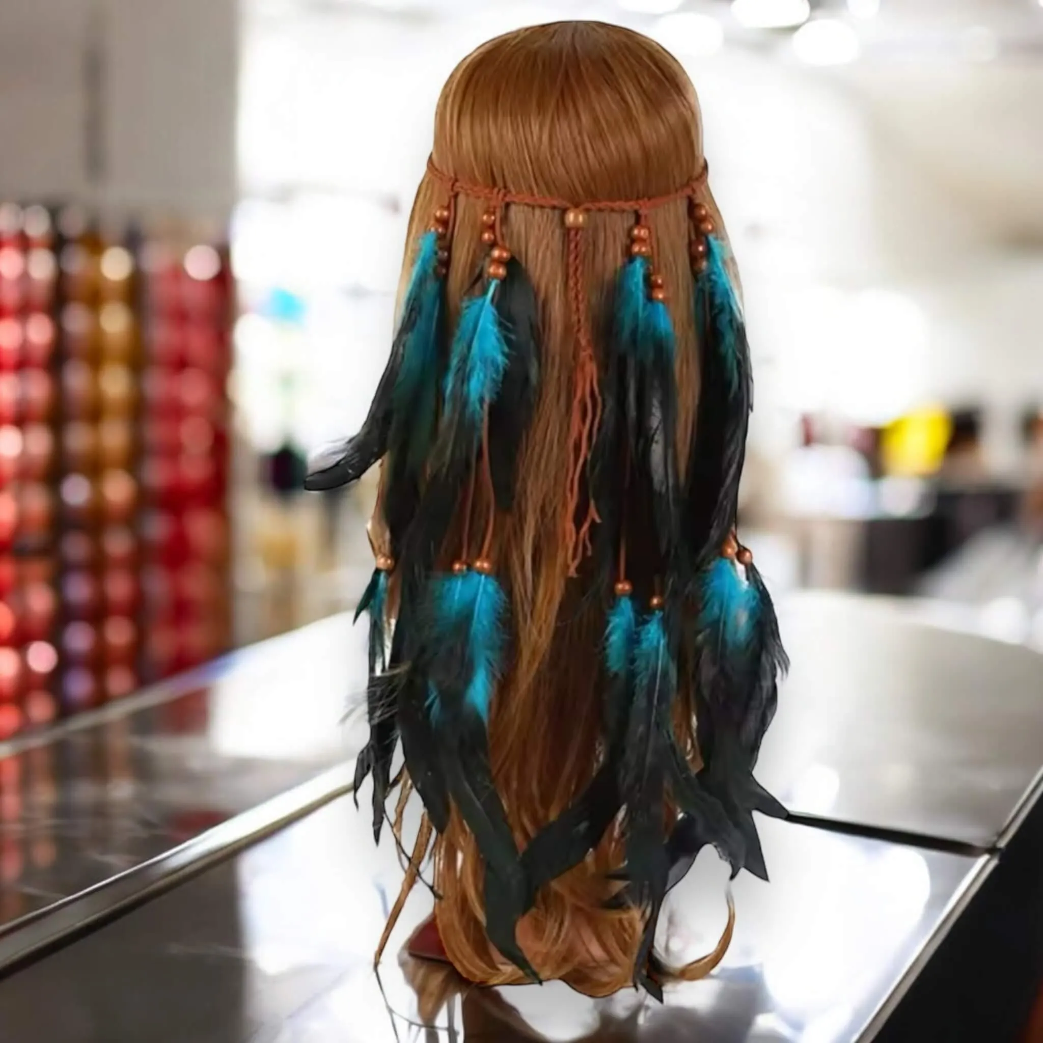 Feather Leather Beaded Long Headband