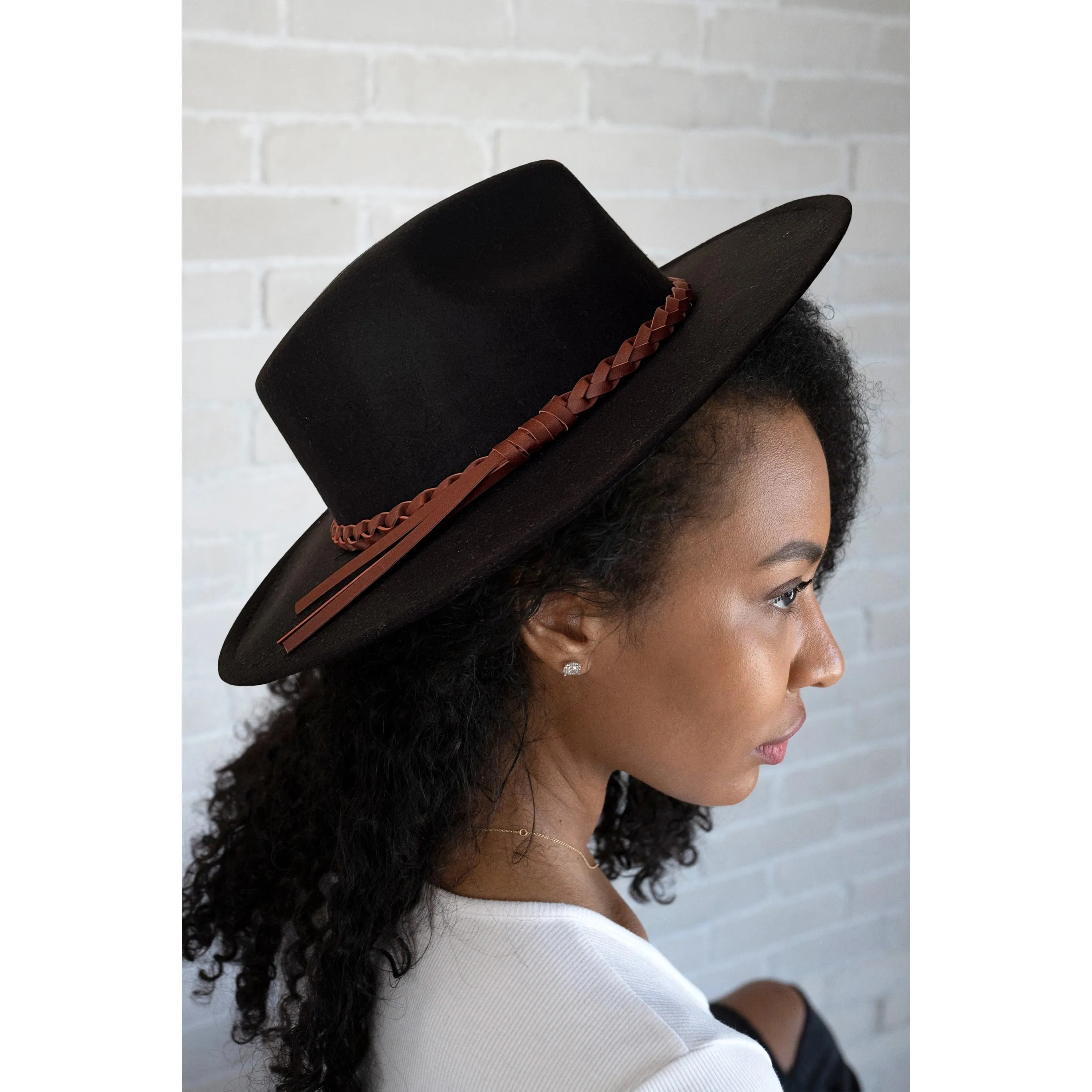 Jen & Co Debbie Braided Trim Wide Brim Fedora Hat In Black