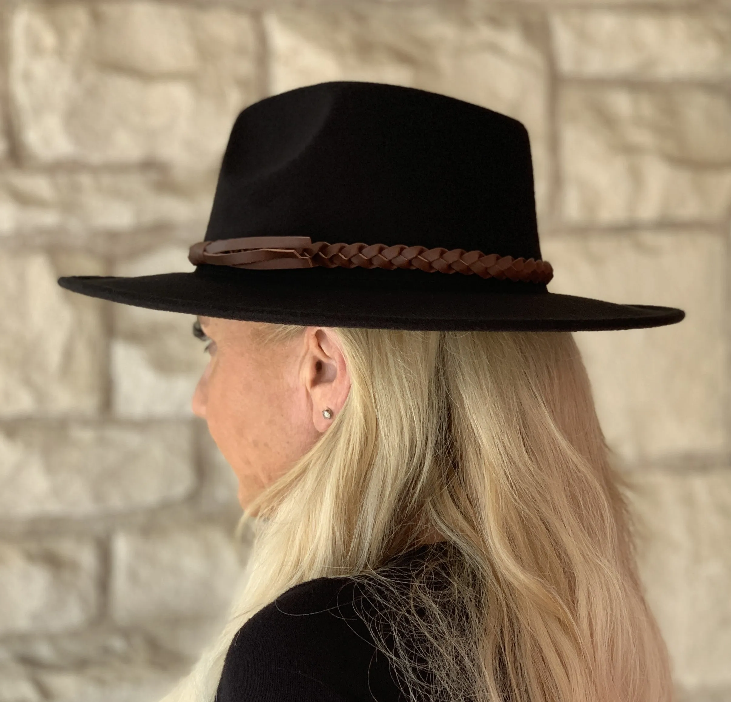 Jen & Co Debbie Braided Trim Wide Brim Fedora Hat In Black