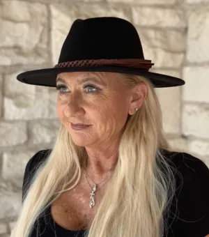 Jen & Co Debbie Braided Trim Wide Brim Fedora Hat In Black