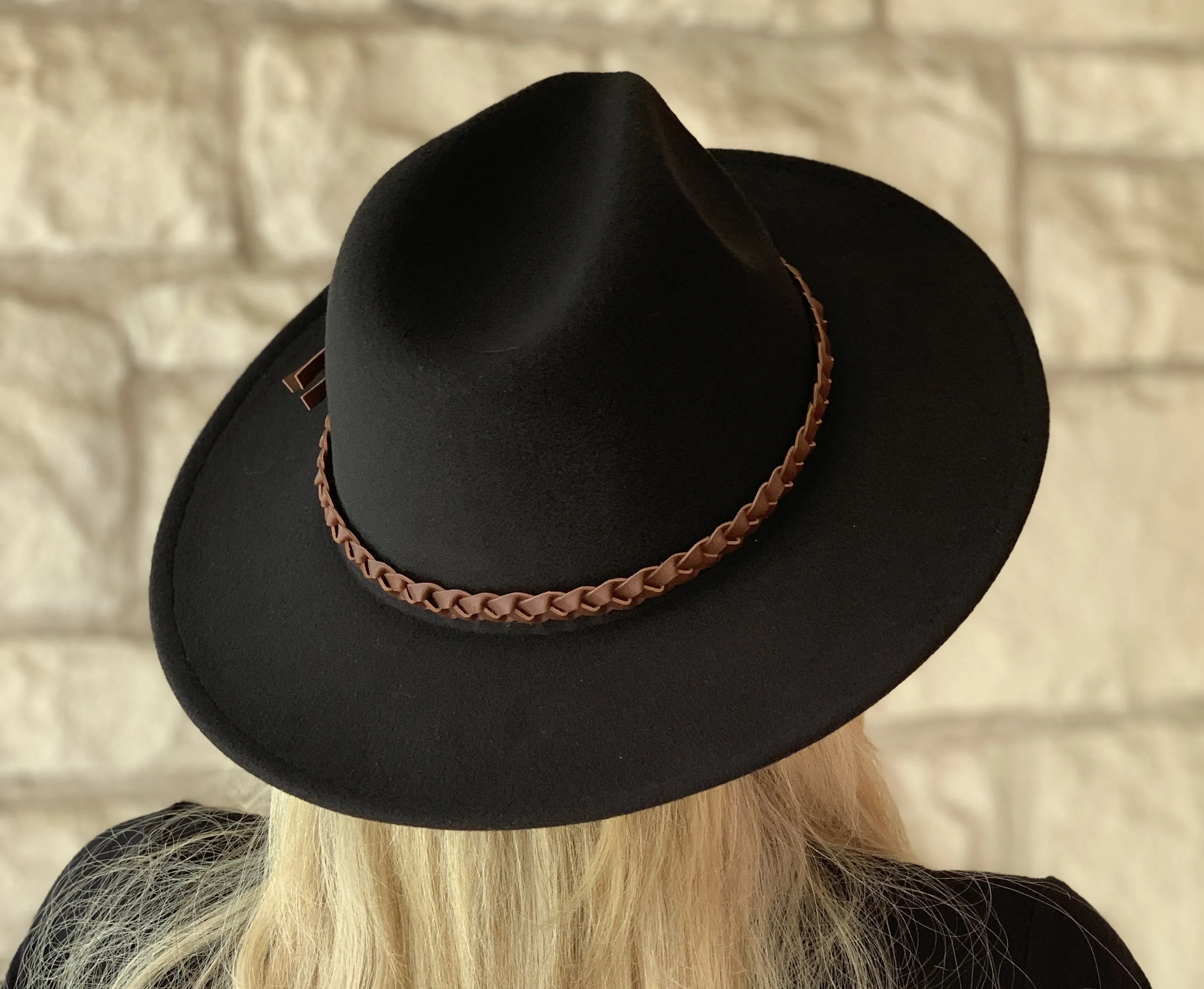 Jen & Co Debbie Braided Trim Wide Brim Fedora Hat In Black