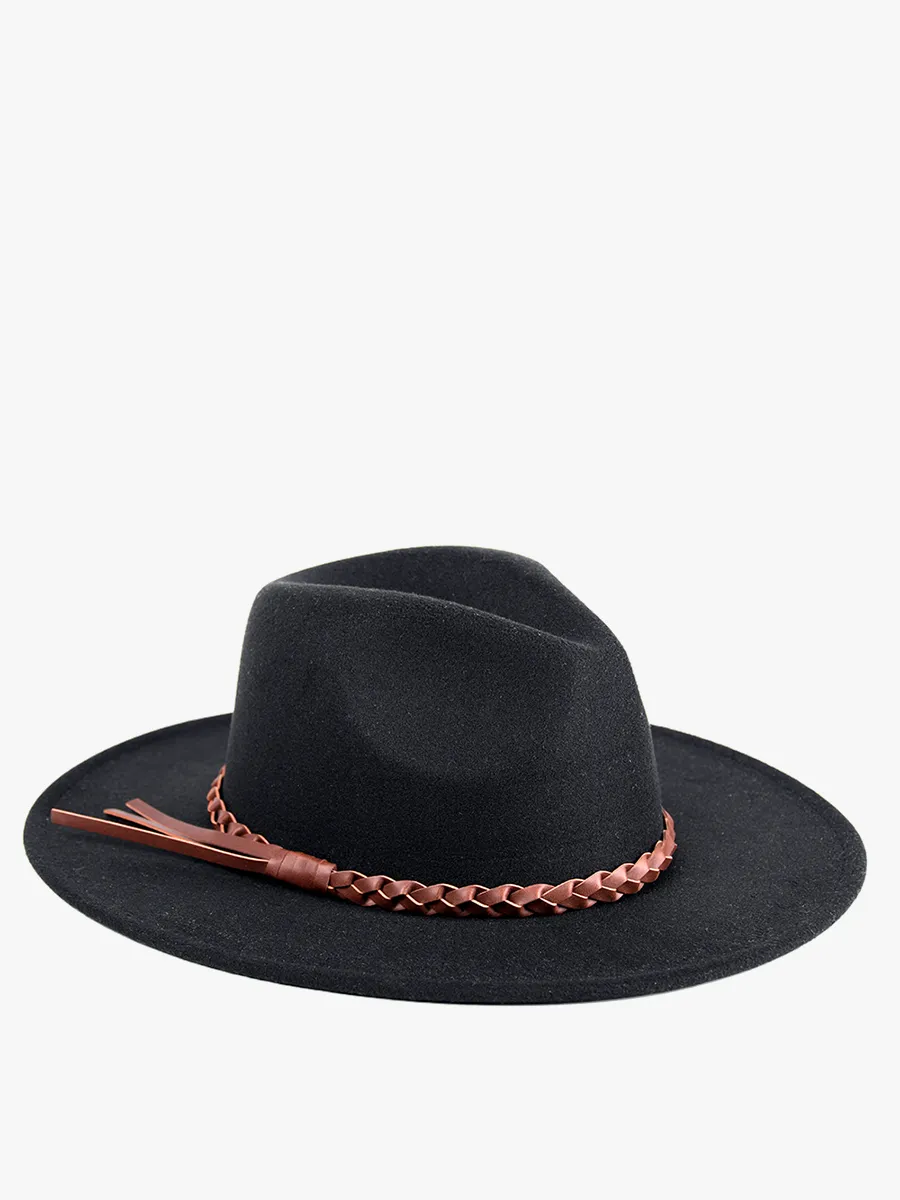 Jen & Co Debbie Braided Trim Wide Brim Fedora Hat In Black