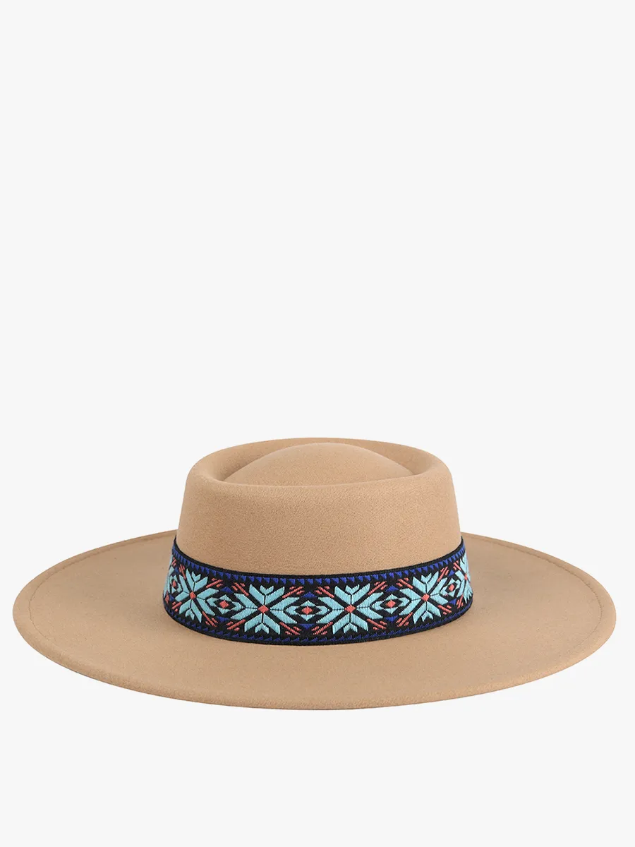 Jen & Co Mirta Aztec Trim Wide Brim Fedora Hat In Tan