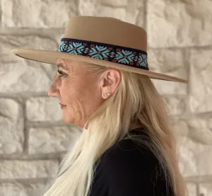 Jen & Co Mirta Aztec Trim Wide Brim Fedora Hat In Tan