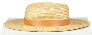Lack Of Color Beige Straw Boater With Tan Leather Detail 57cm UK M