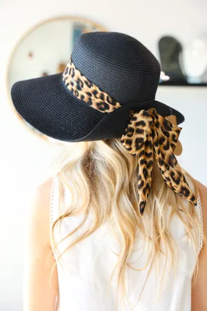 Leopard Print Ribbon Band Rolled Sun Hat - Black