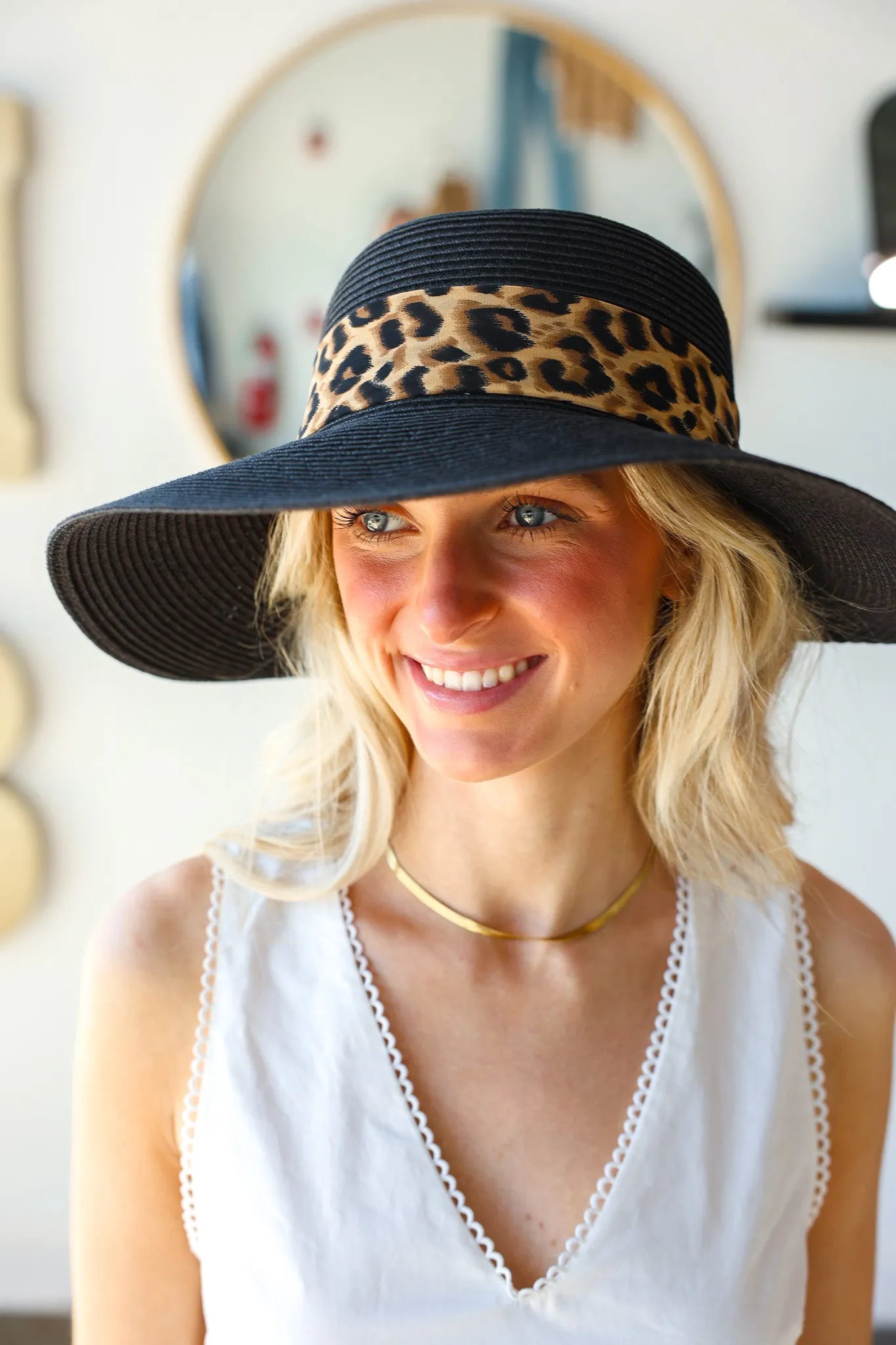 Leopard Print Ribbon Band Rolled Sun Hat - Black