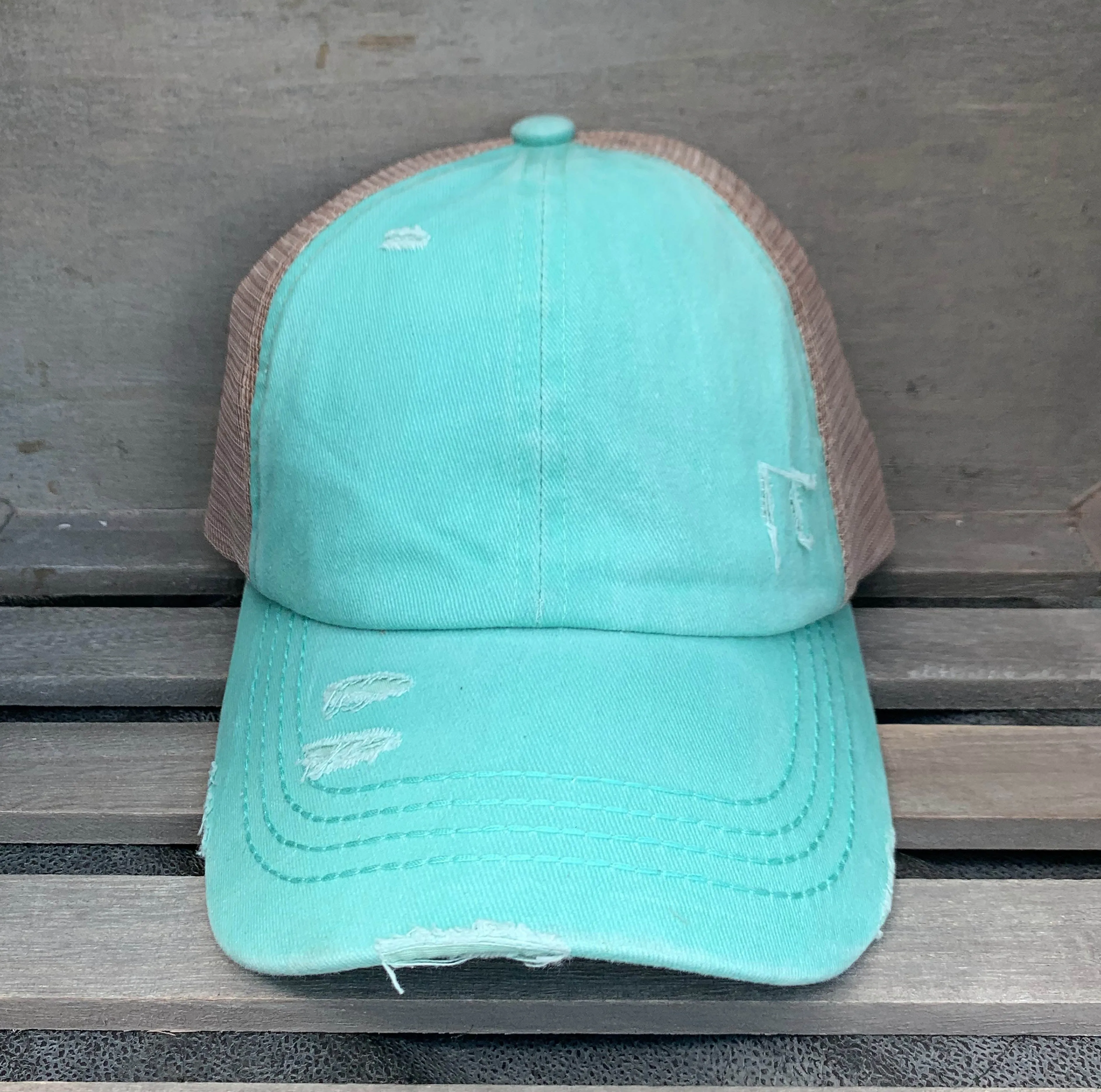 OVERSTOCK SALE - Authentic Mint CC Beanie CrissCross High Ponytail Trucker Hat Distressed Wash Denim