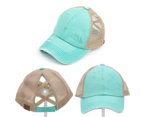 OVERSTOCK SALE - Authentic Mint CC Beanie CrissCross High Ponytail Trucker Hat Distressed Wash Denim
