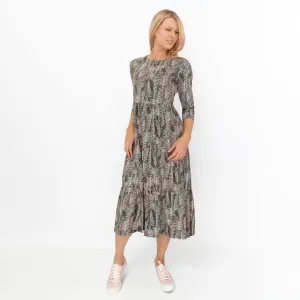 Seasalt Beige & Black Leaves Cotton Line Strokes Midi Dress