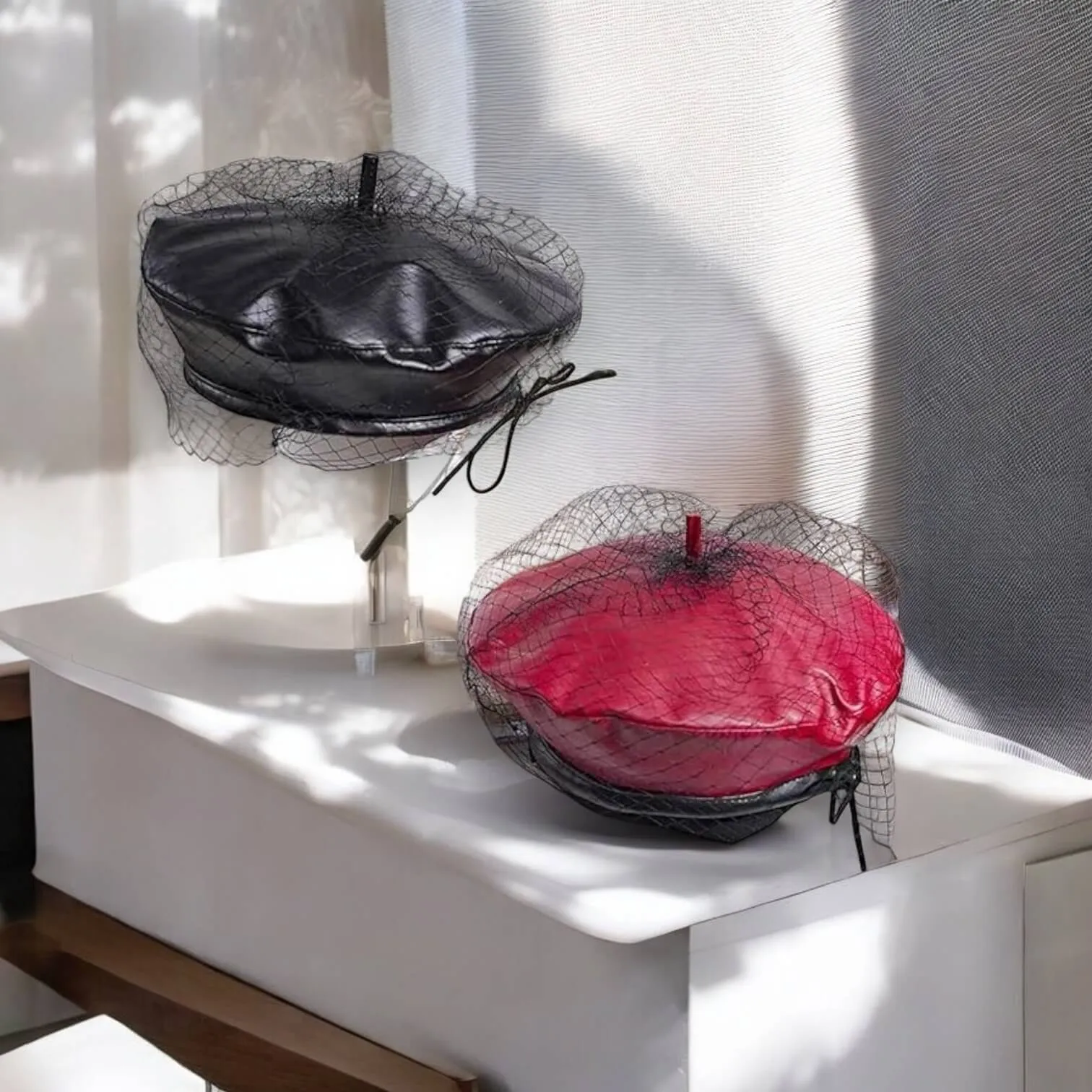 Veiled Faux Leather Beret