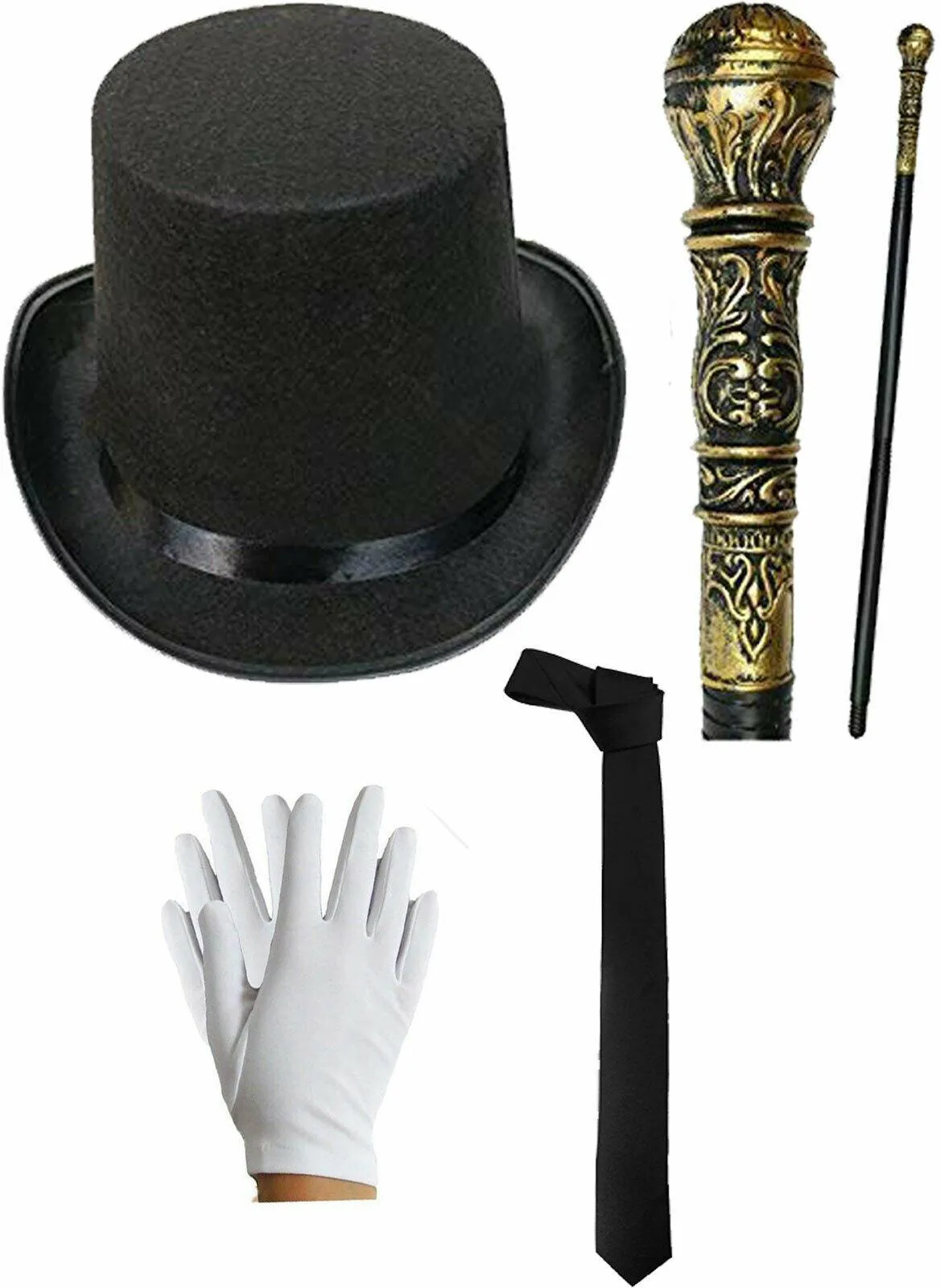 Victorian Gentleman Ensemble for Adults: Black Top Hat, Bow Tie, Santa Gloves, and Gold Cane Set