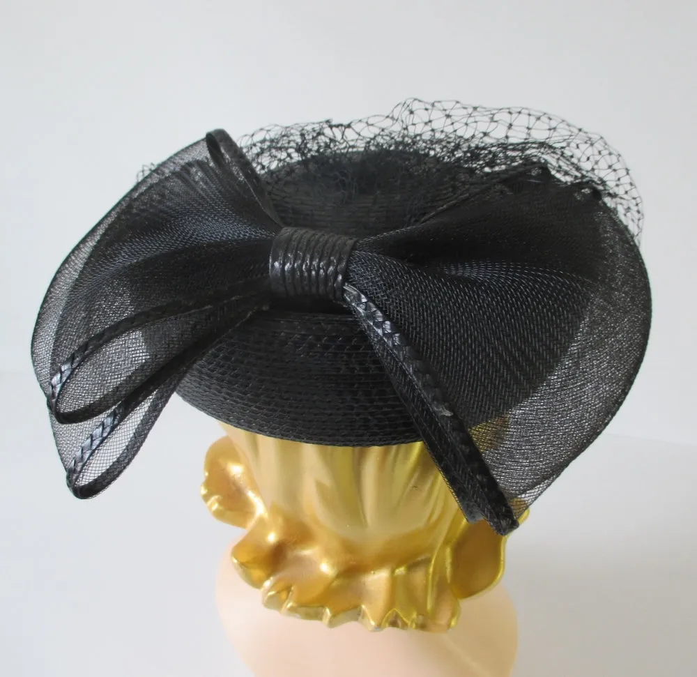 Vintage 80's Black Straw Pillbox Hat Big Bow Netted Veil