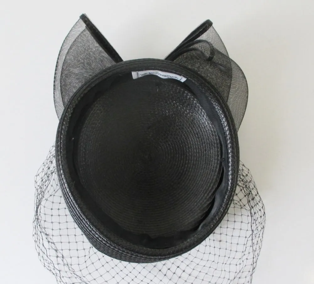 Vintage 80's Black Straw Pillbox Hat Big Bow Netted Veil