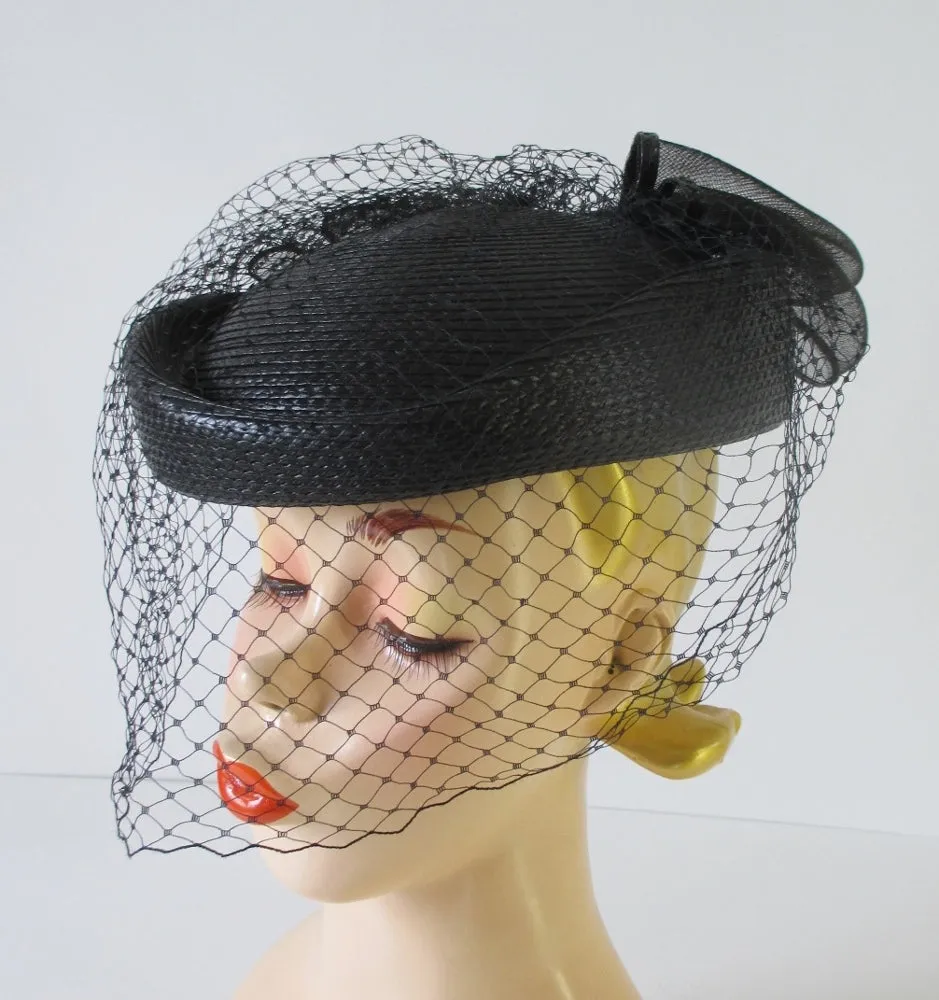 Vintage 80's Black Straw Pillbox Hat Big Bow Netted Veil
