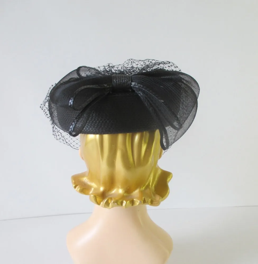 Vintage 80's Black Straw Pillbox Hat Big Bow Netted Veil