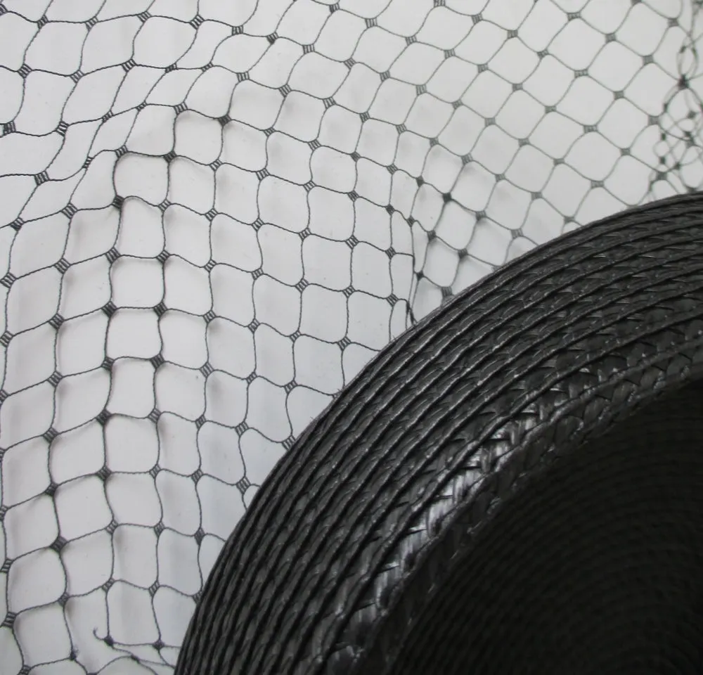Vintage 80's Black Straw Pillbox Hat Big Bow Netted Veil
